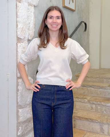 Reina Cashmere Pointelle Short Sleeve Top In Pearl