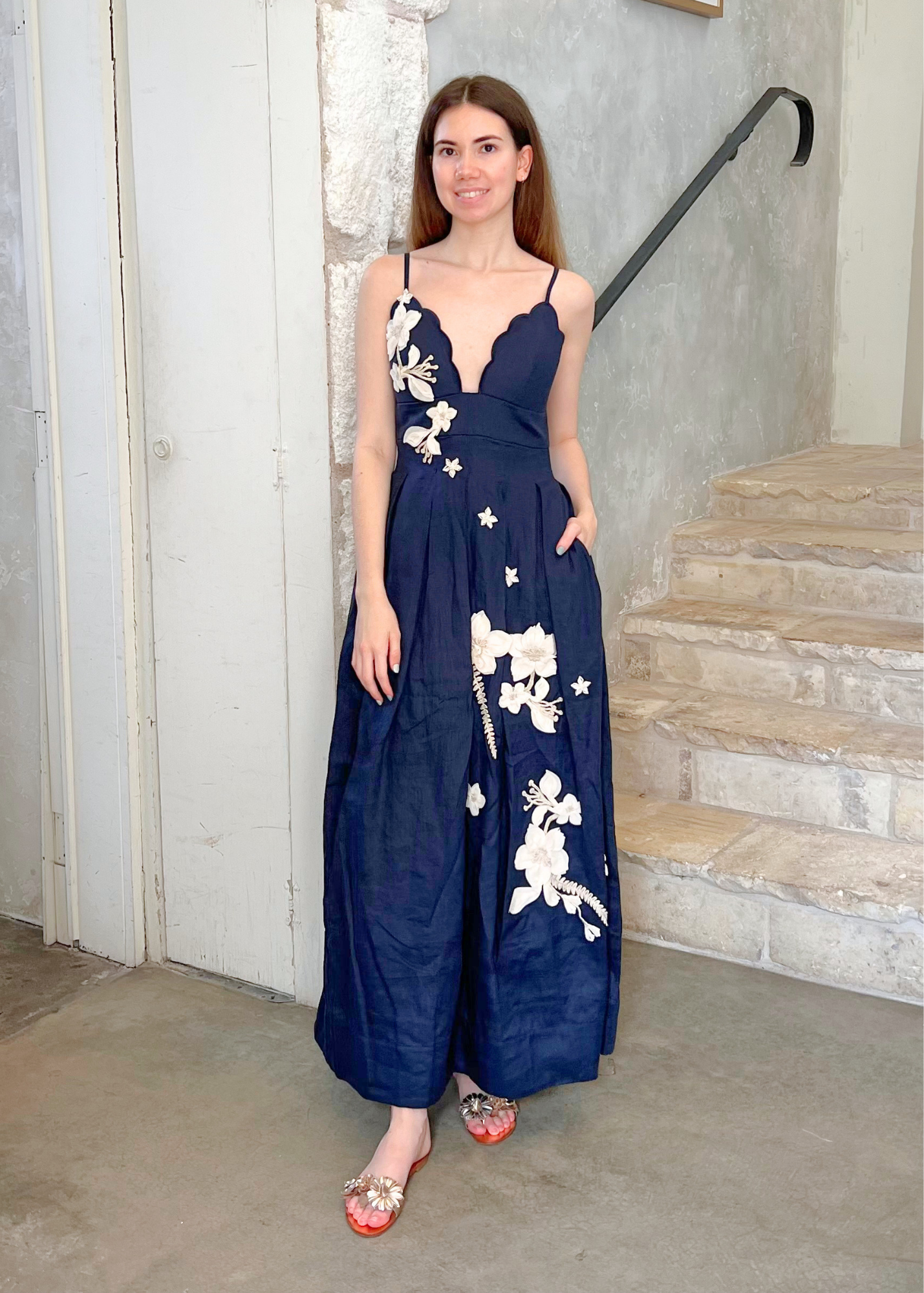 Sula 3-D Floral Applique Spaghetti Strap Maxi Dress in Cauca