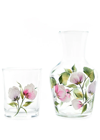 Hand Painted Sweet Pea Glass Carafe + Tumbler Set