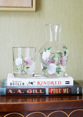 Hand Painted Sweet Pea Glass Carafe + Tumbler Set