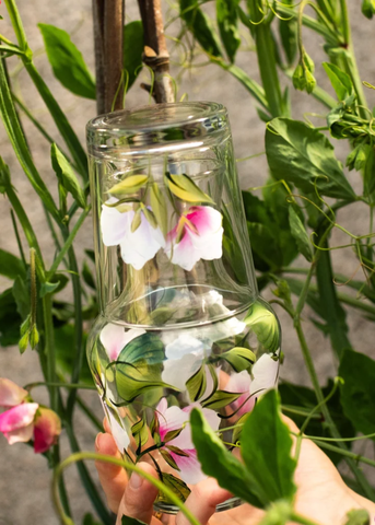 Hand Painted Sweet Pea Glass Carafe + Tumbler Set