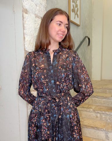 Tessa Long Sleeve Garden Floral Silk Midi Dress In Eclipse