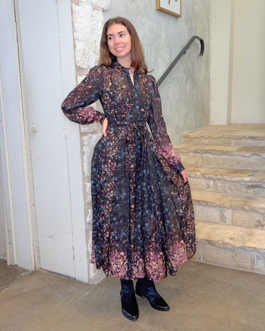 Tessa Long Sleeve Garden Floral Silk Midi Dress In Eclipse