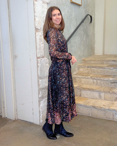 Tessa Long Sleeve Garden Floral Silk Midi Dress In Eclipse