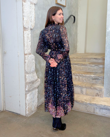 Tessa Long Sleeve Garden Floral Silk Midi Dress In Eclipse