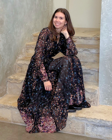 Tessa Long Sleeve Garden Floral Silk Midi Dress In Eclipse