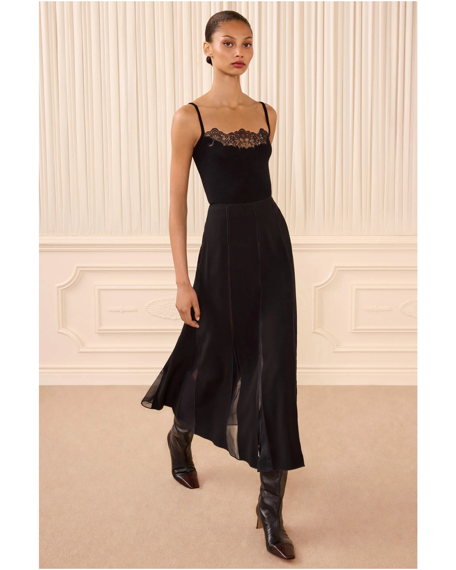 Elia Satin Crepe Pleated Midi Skirt In Noir
