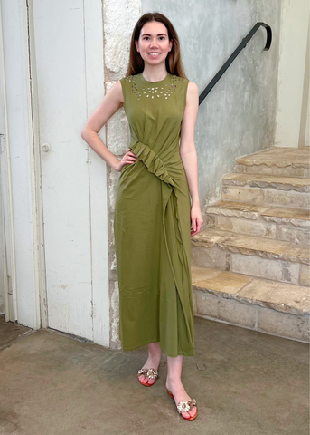 Jeune Sleeveless Ruffled Jersey Cotton Midi Dress in Lichen