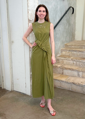Jeune Sleeveless Ruffled Jersey Cotton Midi Dress in Lichen