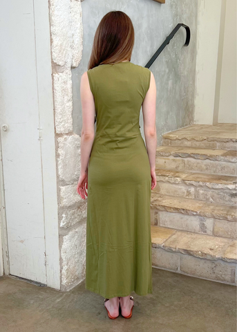 Jeune Sleeveless Ruffled Jersey Cotton Midi Dress in Lichen