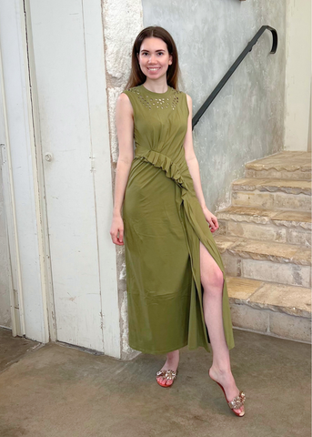 Jeune Sleeveless Ruffled Jersey Cotton Midi Dress in Lichen