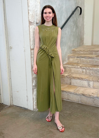 Jeune Sleeveless Ruffled Jersey Cotton Midi Dress in Lichen