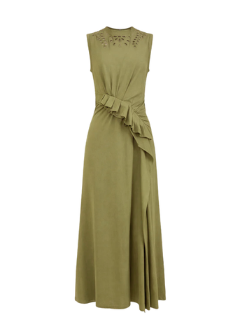 Jeune Sleeveless Ruffled Jersey Cotton Midi Dress in Lichen