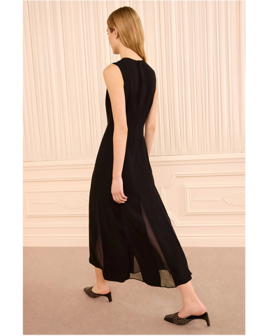 Laure Sleeveless Satin Crepe Pleated Midi Dress In Noir