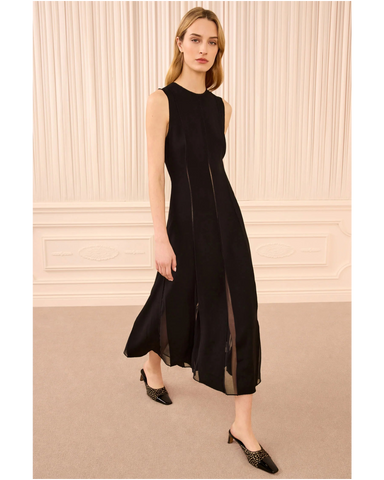 Laure Sleeveless Satin Crepe Pleated Midi Dress In Noir