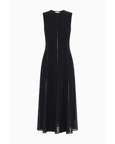 Laure Sleeveless Satin Crepe Pleated Midi Dress In Noir