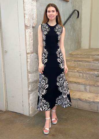 Liana Knit Jacquard Sleeveless Midi Dress in Noir