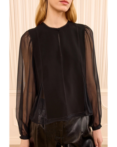 Lucette Satin Crepe Pleatedd Long Sleeve Blouse In Noir