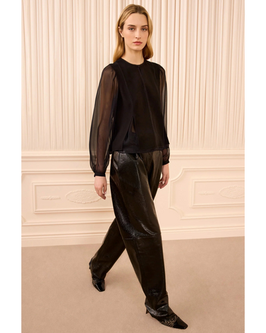 Lucette Satin Crepe Pleatedd Long Sleeve Blouse In Noir