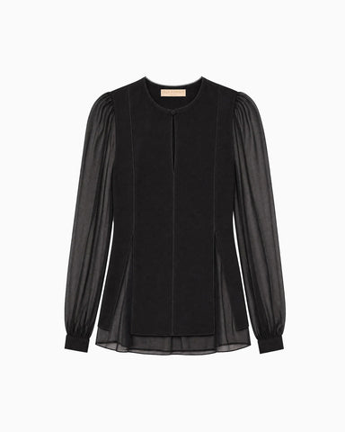 Lucette Satin Crepe Pleatedd Long Sleeve Blouse In Noir