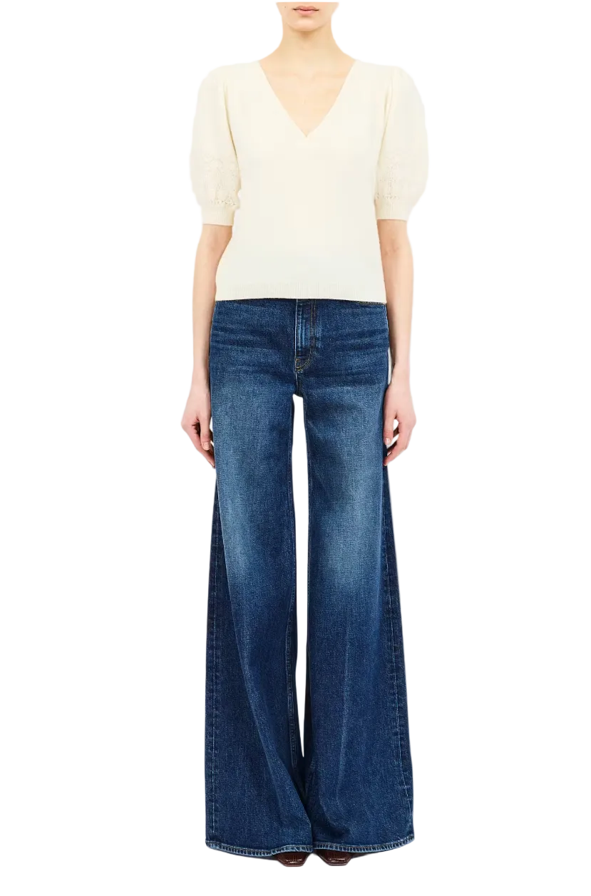 Reina Cashmere Pointelle Short Sleeve Top In Pearl