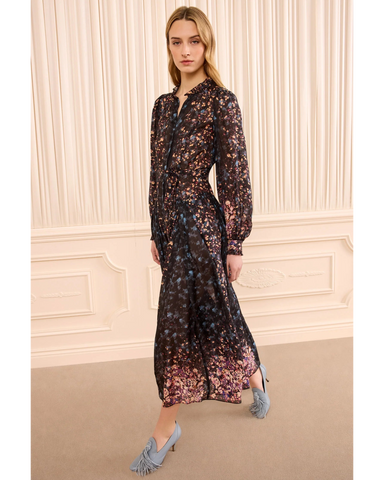 Tessa Long Sleeve Garden Floral Silk Midi Dress In Eclipse