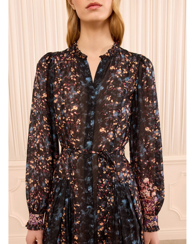 Tessa Long Sleeve Garden Floral Silk Midi Dress In Eclipse