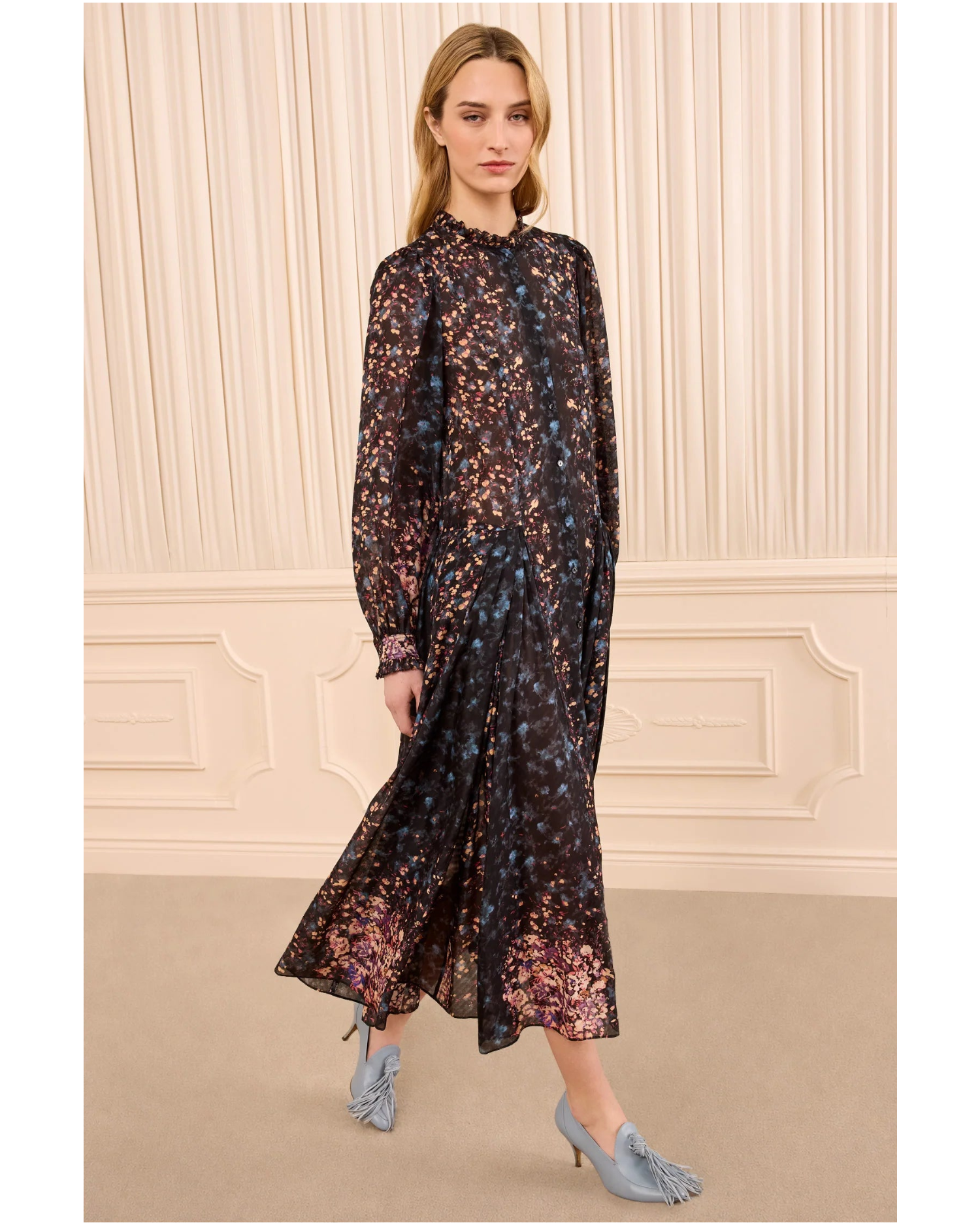Tessa Long Sleeve Garden Floral Silk Midi Dress In Eclipse