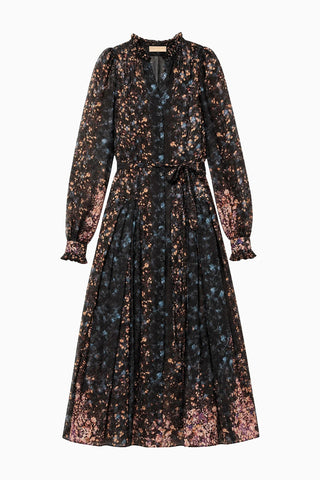 Tessa Long Sleeve Garden Floral Silk Midi Dress In Eclipse