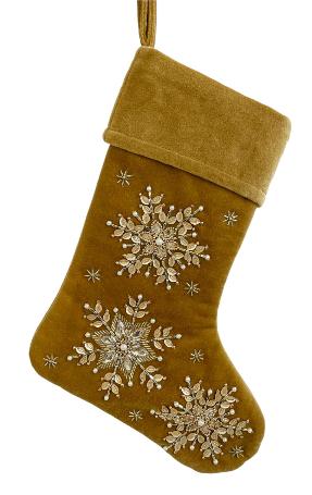 Mustard Mini Velvet Stocking with Silver Beaded Snowflake