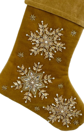 Mustard Mini Velvet Stocking with Silver Beaded Snowflake