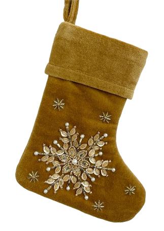 Mustard Mini Velvet Stocking with Silver Beaded Snowflake