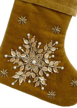 Mustard Mini Velvet Stocking with Silver Beaded Snowflake