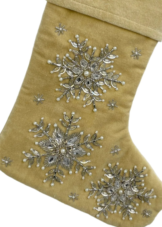 Beige Mini Velvet Stocking with Silver Beaded Snowflake