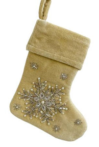 Beige Mini Velvet Stocking with Silver Beaded Snowflake