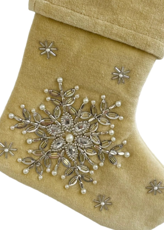 Beige Mini Velvet Stocking with Silver Beaded Snowflake