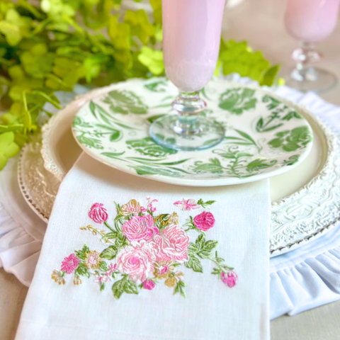 Vintage Floral Embroidered Linen Tea Towel