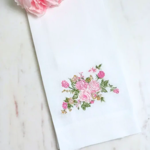 Vintage Floral Embroidered Linen Tea Towel