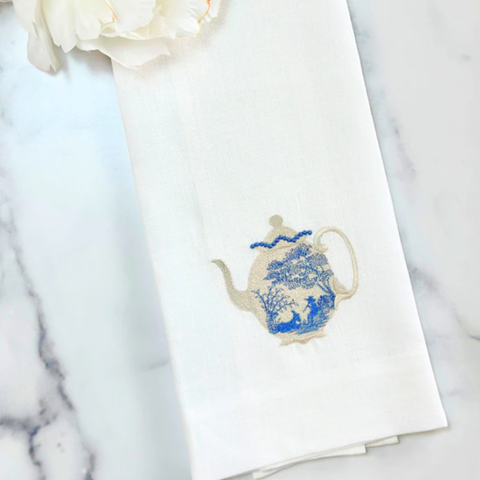Vintage Toile Teapot Embroidered Linen Tea Towel