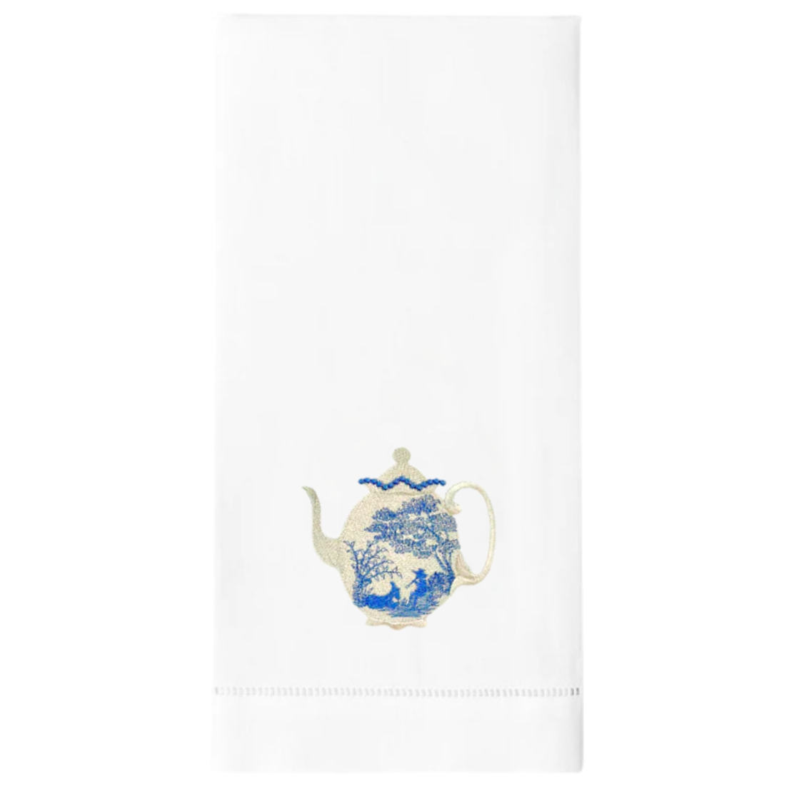 Vintage Toile Teapot Embroidered Linen Tea Towel
