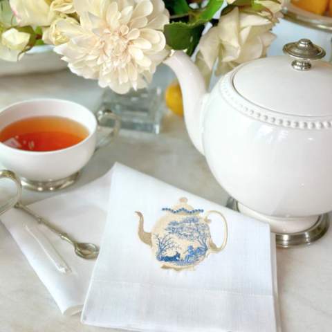 Vintage Toile Teapot Embroidered Linen Tea Towel
