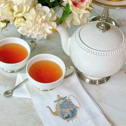 Vintage Toile Teapot Embroidered Linen Tea Towel