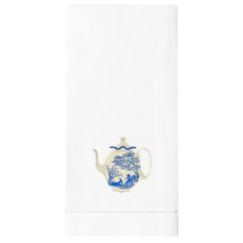 Vintage Toile Teapot Embroidered Linen Tea Towel