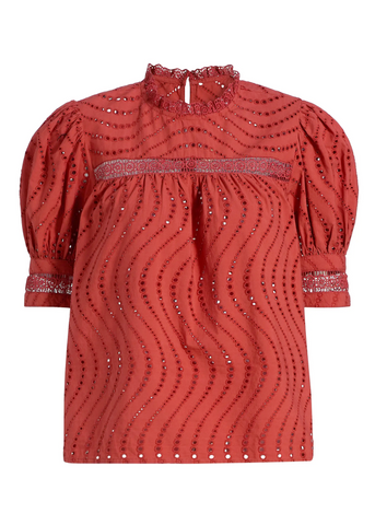 Virginia Water Washed Eyelet Poplin lace Collar Short Sleeve Blouse in Claret