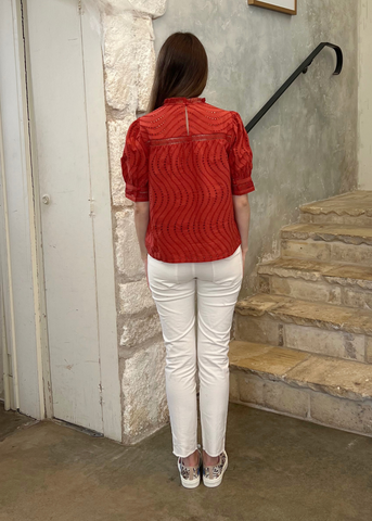 Virginia Water Washed Eyelet Poplin lace Collar Short Sleeve Blouse in Claret