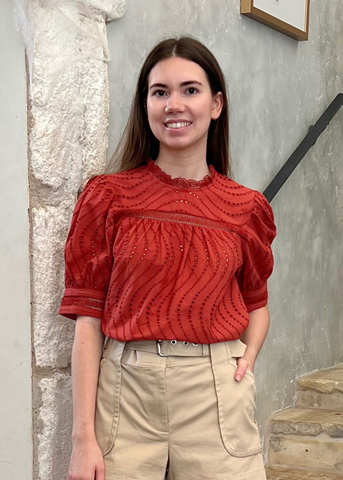 Virginia Water Washed Eyelet Poplin lace Collar Short Sleeve Blouse in Claret