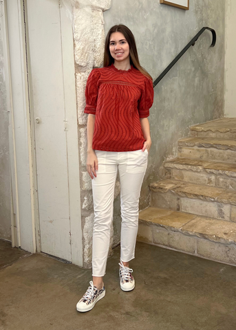 Virginia Water Washed Eyelet Poplin lace Collar Short Sleeve Blouse in Claret