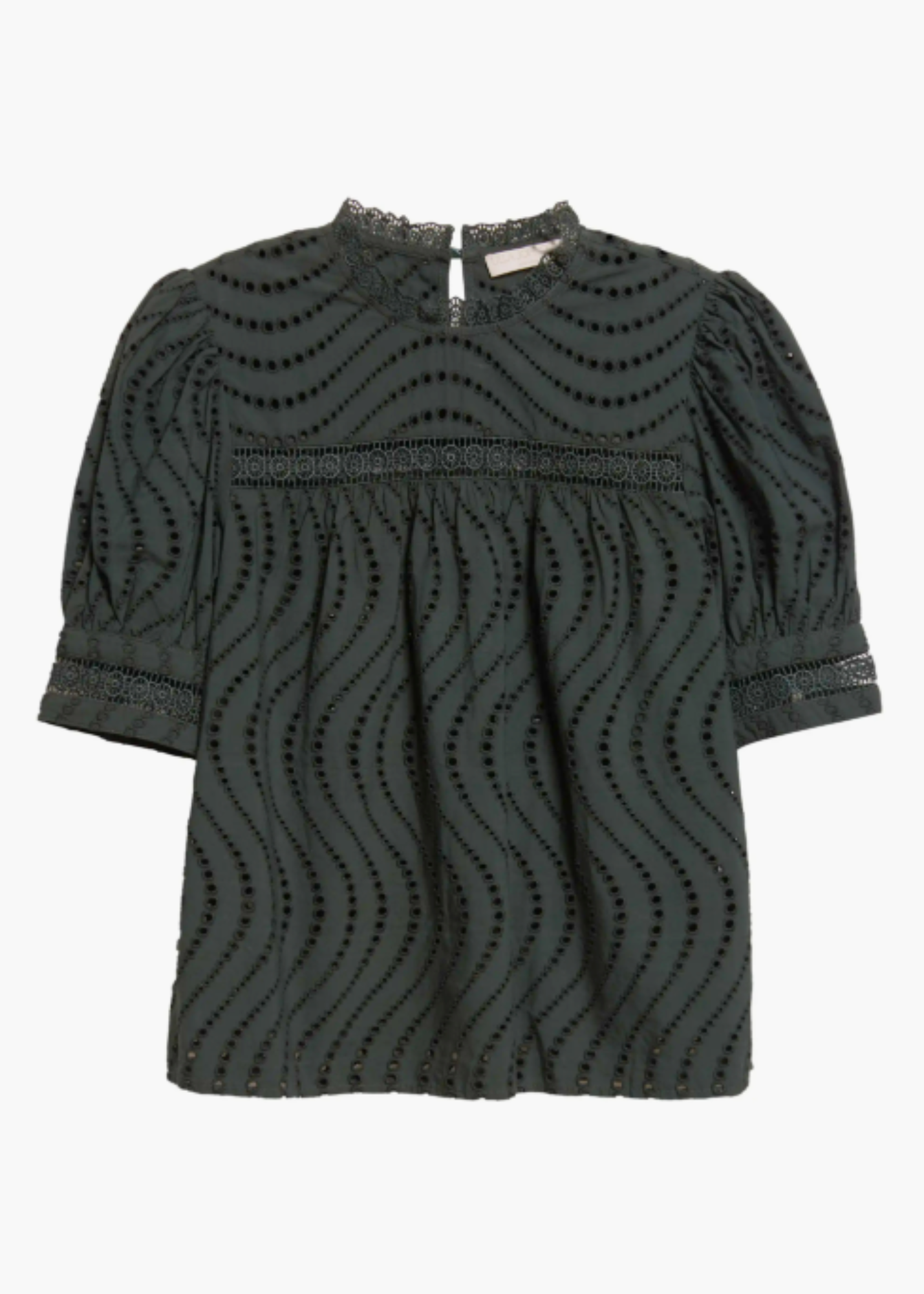 Virginia Water Washed Eyelet Poplin lace Collar Short Sleeve Blouse in Cypress