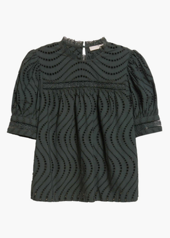 Virginia Water Washed Eyelet Poplin lace Collar Short Sleeve Blouse in Cypress