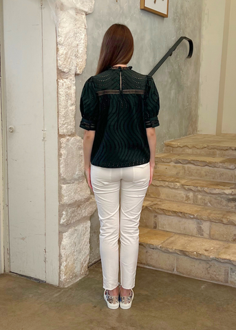 Virginia Water Washed Eyelet Poplin lace Collar Short Sleeve Blouse in Cypress